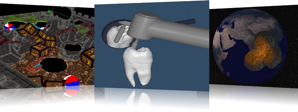 Images are from applications created by PolyVox users. From left to right: Thermite3D, Dental Surgery Simulator, Apophis 2036.